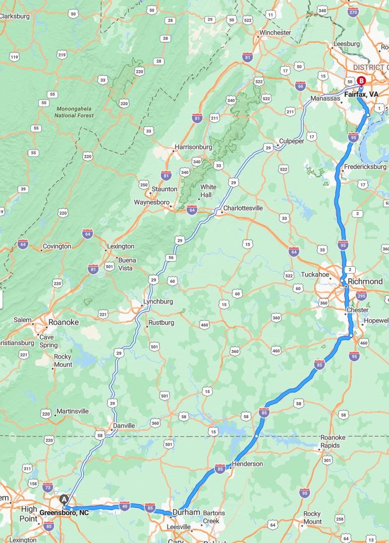 driving from Greensboro, North Carolina to FairfaxVirginia - map and route