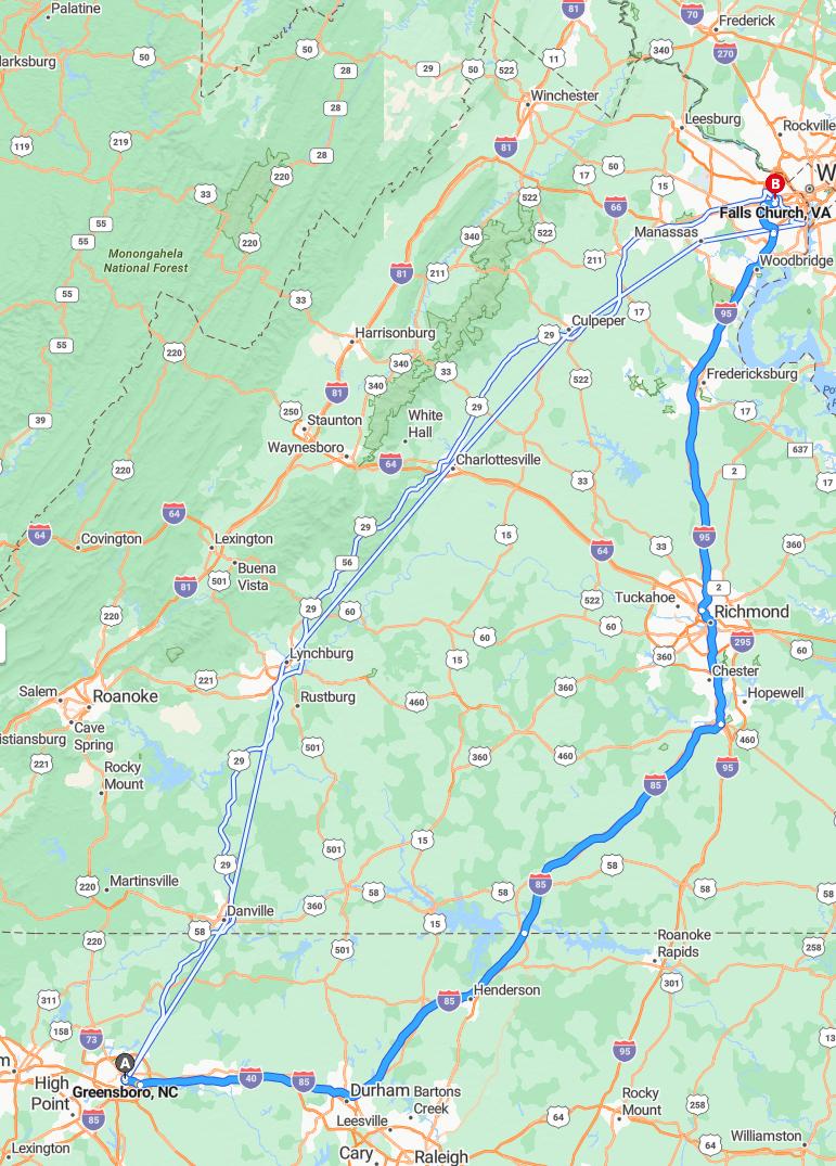 driving from Greensboro, North Carolina to Falls ChurchVirginia - map and route