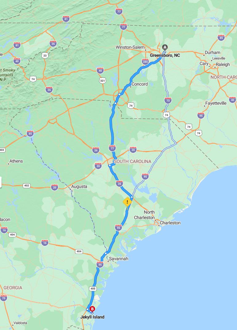 driving from Greensboro, North Carolina to Jekyll IslandGeorgia - map and route