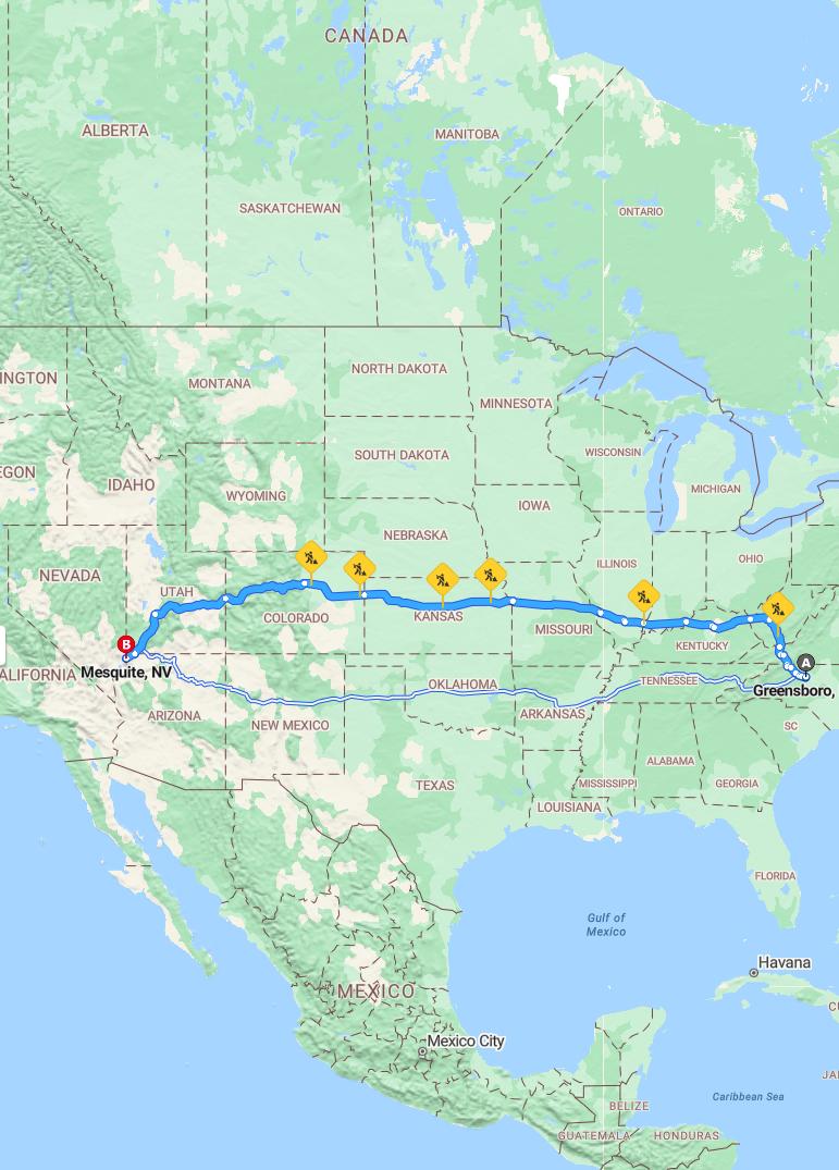 driving from Greensboro, North Carolina to MesquiteNevada - map and route