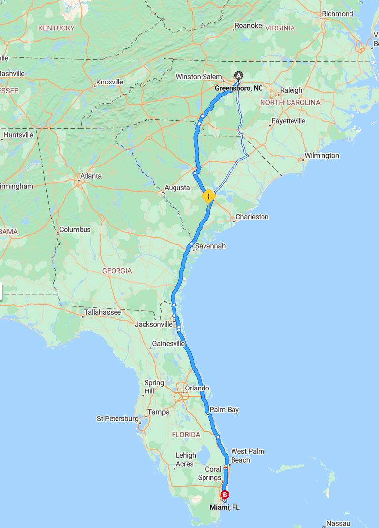 driving from Greensboro, North Carolina to MiamiFlorida - map and route