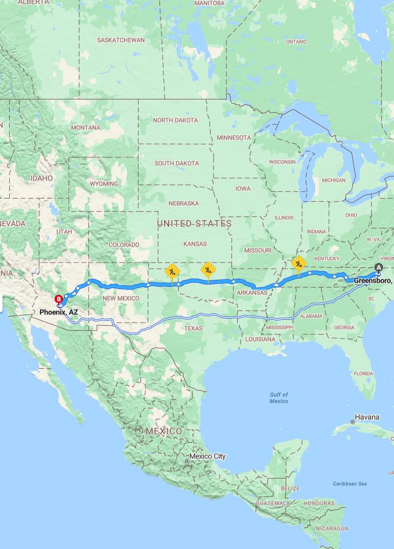 driving from Greensboro, North Carolina to PhoenixArizona - map and route