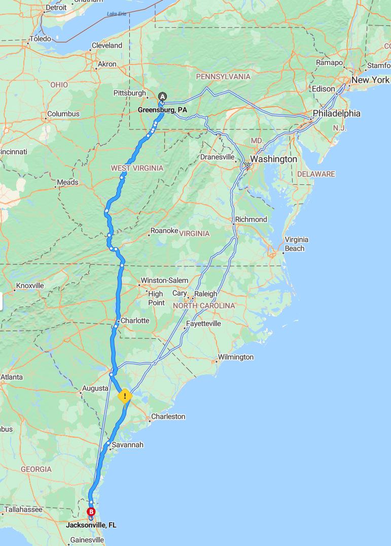 driving from Greensburg, Pennsylvania to JacksonvilleFlorida - map and route