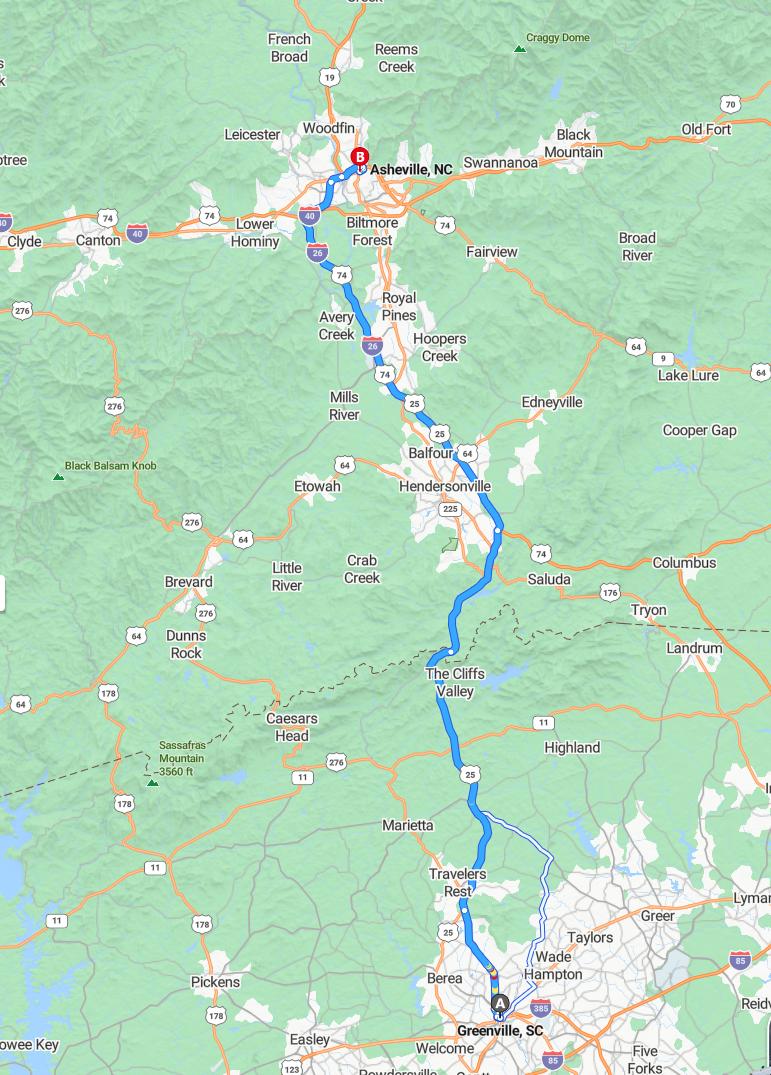 driving from Greenville, South Carolina to AshevilleNorth Carolina - map and route