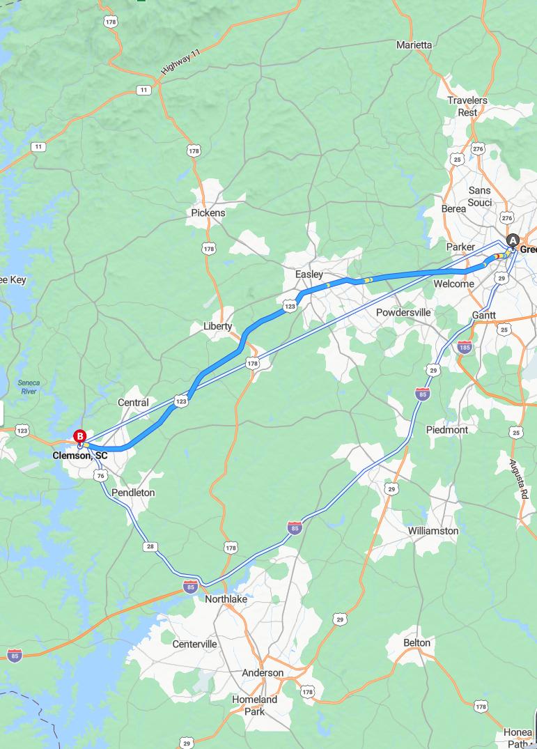 driving from Greenville, South Carolina to ClemsonSouth Carolina - map and route