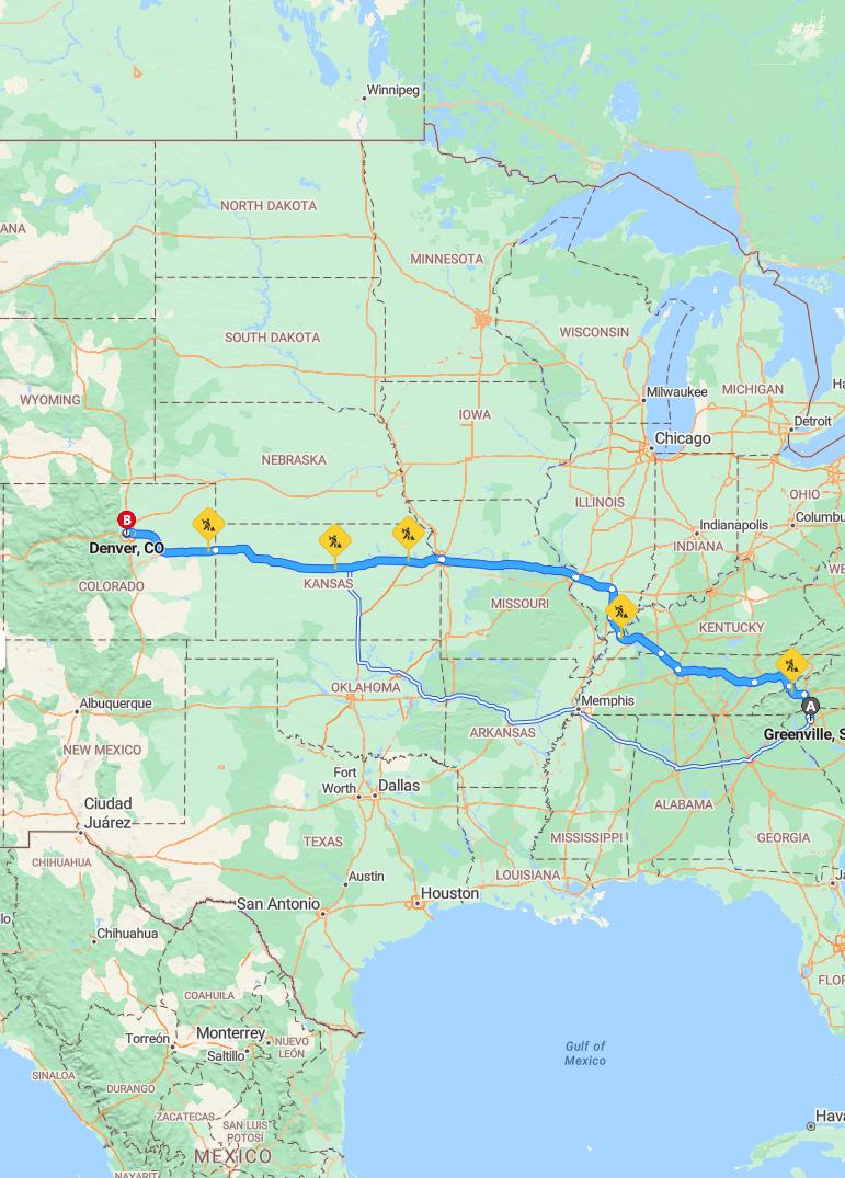 driving from Greenville, South Carolina to DenverColorado - map and route