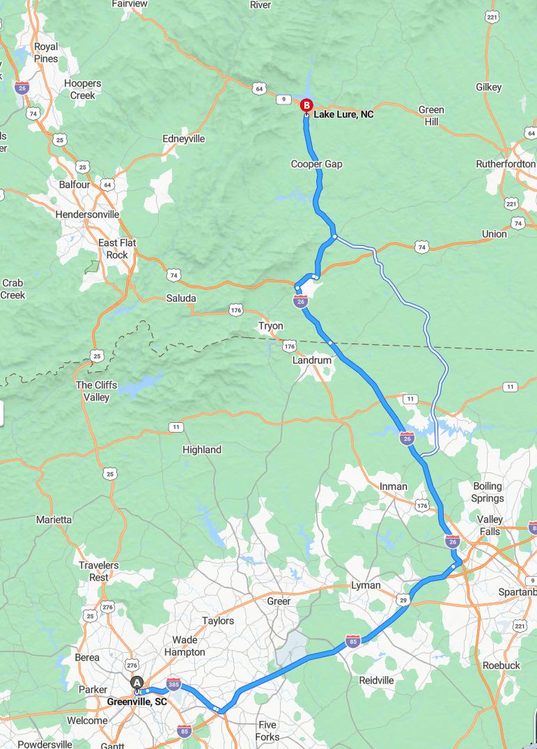 driving from Greenville, South Carolina to Lake LureNorth Carolina - map and route