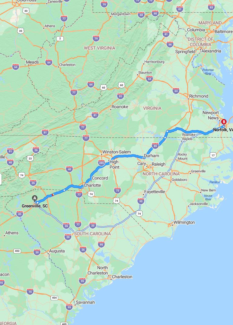 driving from Greenville, South Carolina to NorfolkVirginia - map and route