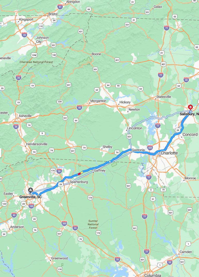 driving from Greenville, South Carolina to SalisburyNorth Carolina - map and route