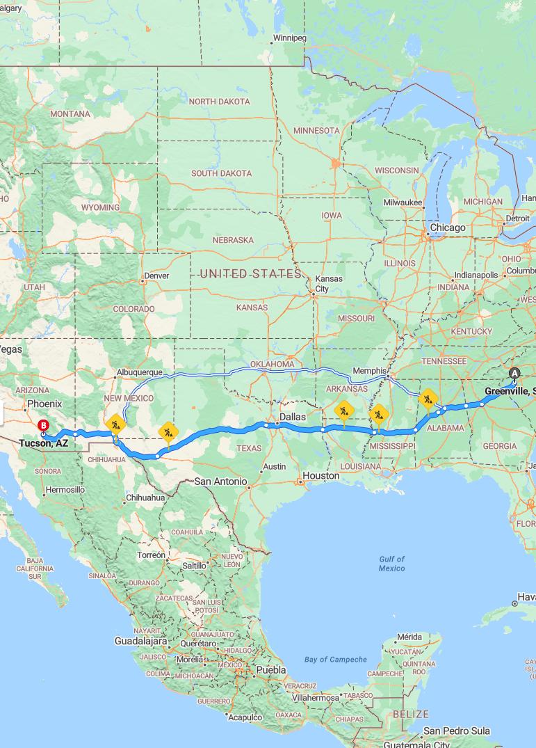 driving from Greenville, South Carolina to TucsonArizona - map and route