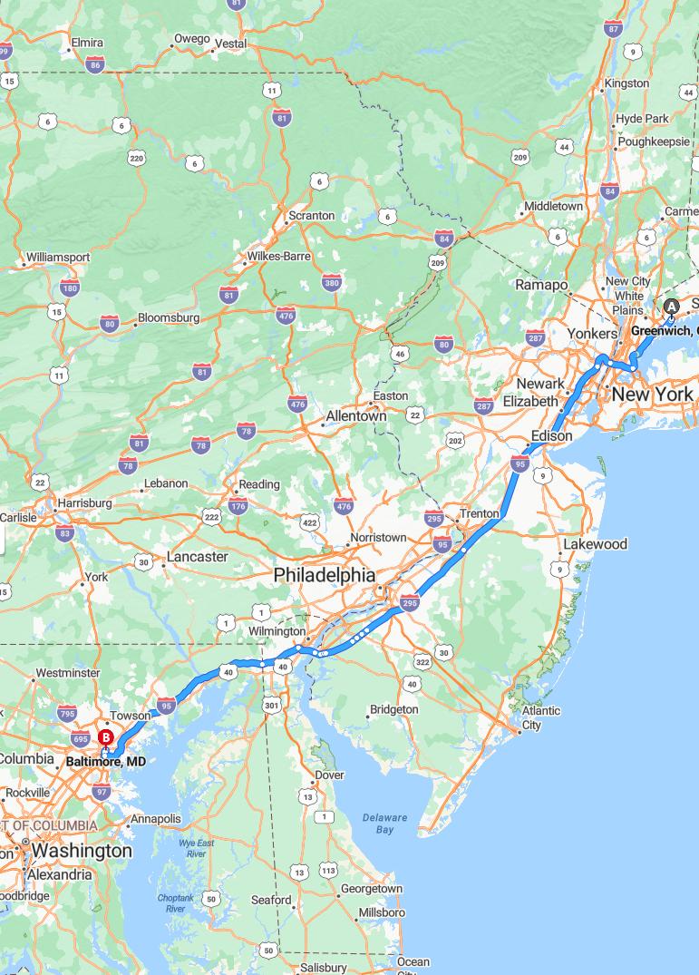 driving from Greenwich, Connecticut to BaltimoreMaryland - map and route