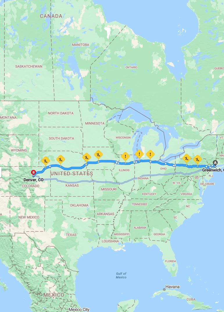 driving from Greenwich, Connecticut to DenverColorado - map and route