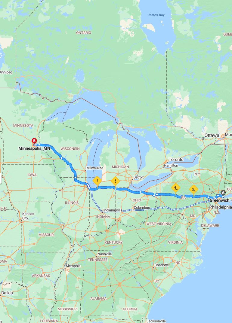 driving from Greenwich, Connecticut to MinneapolisMinnesota - map and route