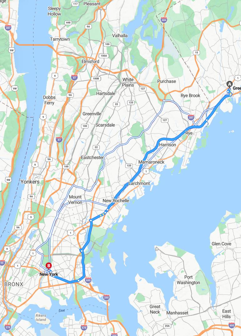 driving from Greenwich, Connecticut to New York CityNew York - map and route