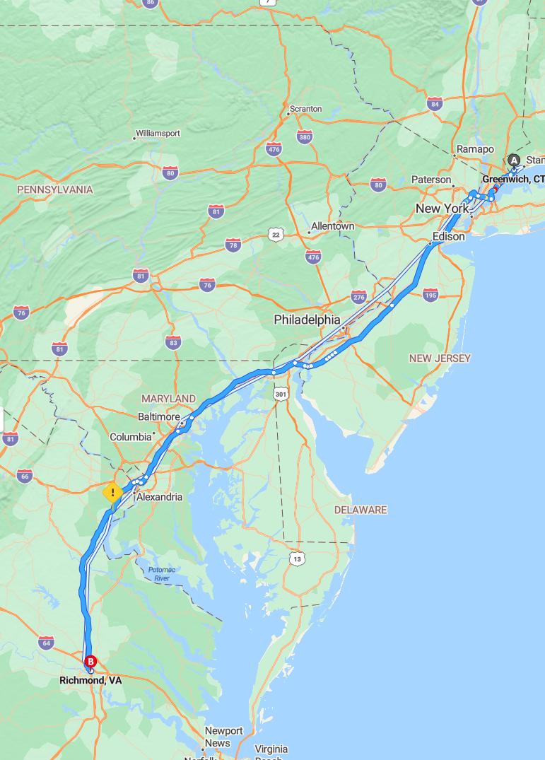 driving from Greenwich, Connecticut to RichmondVirginia - map and route
