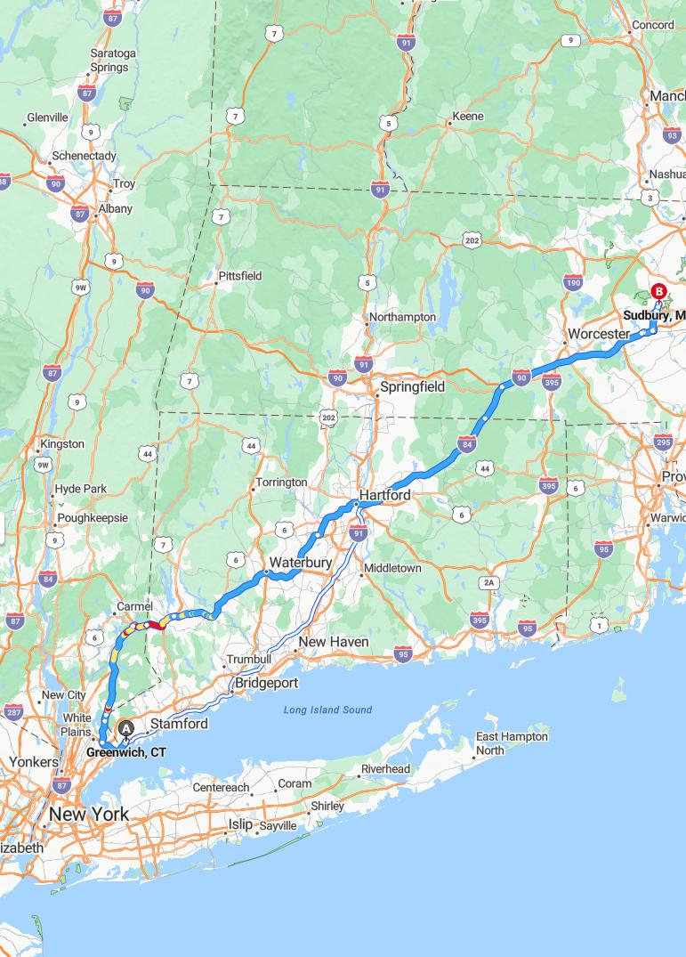 driving from Greenwich, Connecticut to SodburyMassachusetts - map and route