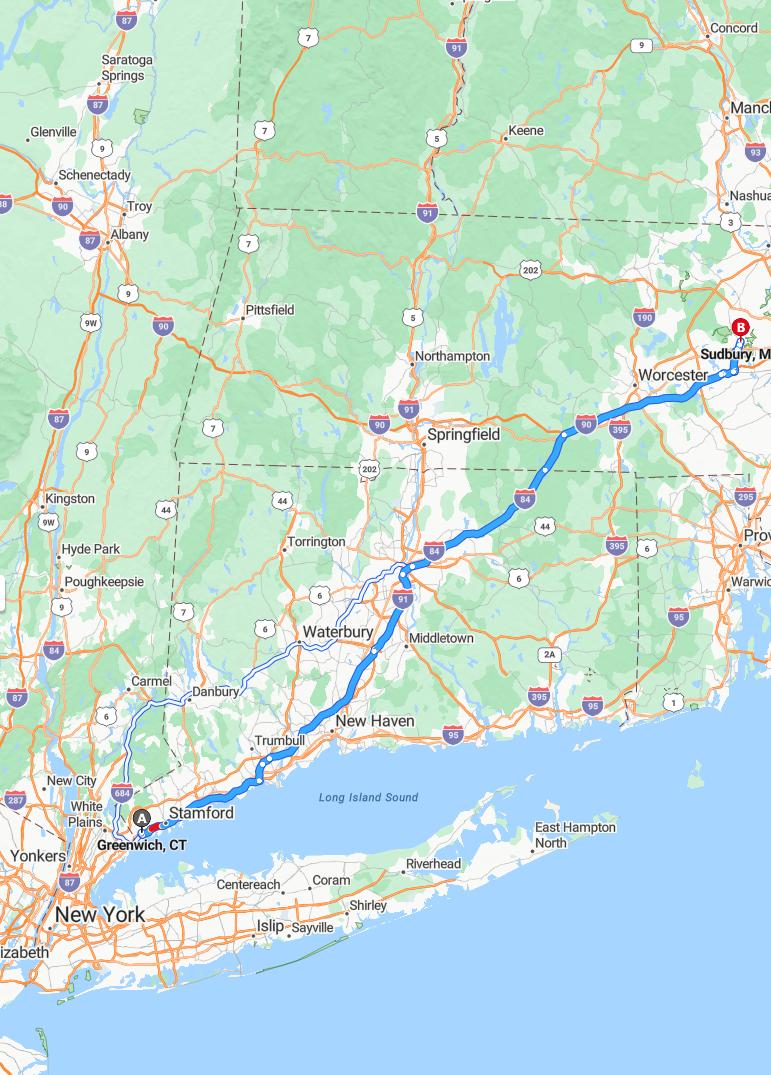driving from Greenwich, Connecticut to SudburyMassachusetts - map and route