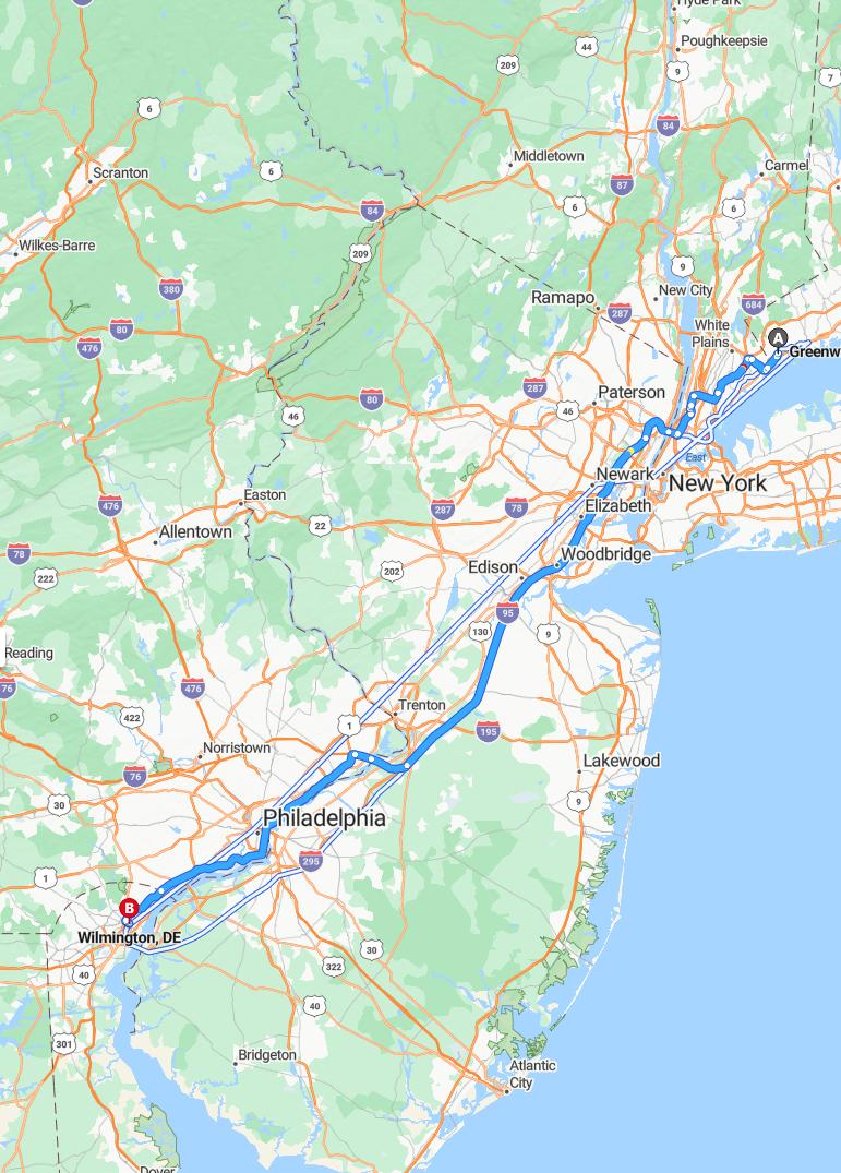 driving from Greenwich, Connecticut to WilmingtonDelaware - map and route
