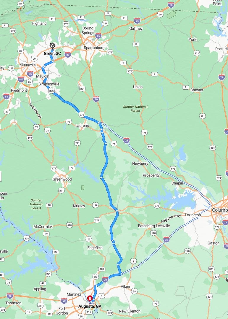 driving from Greer, South Carolina to AugustaGeorgia - map and route