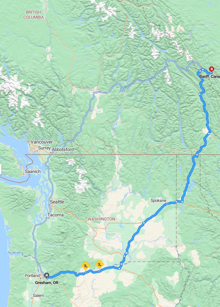 driving from Gresham, Oregon to BanffAlberta - map and route