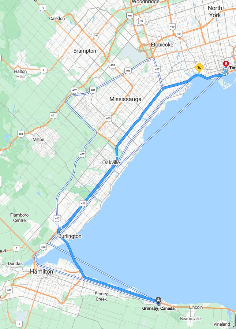 driving from Grimsby, Ontario to TorontoOntario - map and route