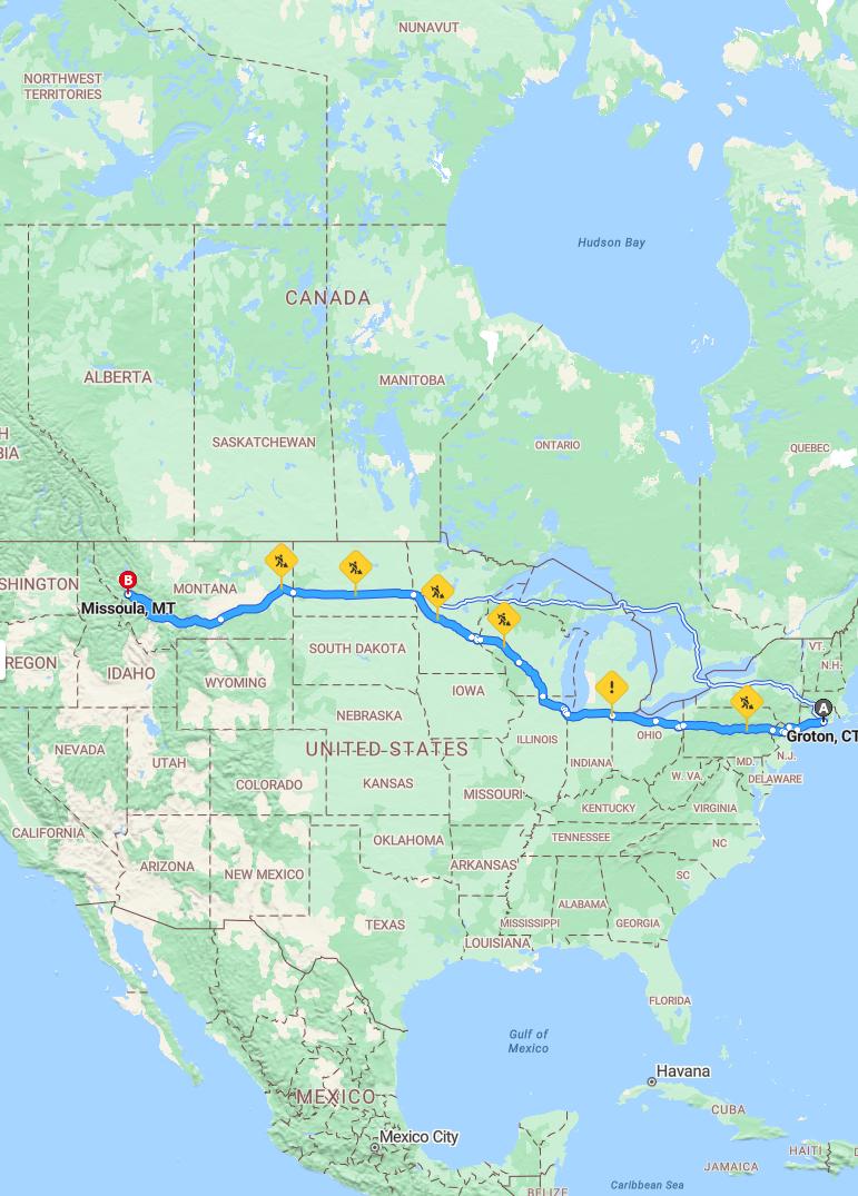driving from Groton, Connecticut to MissoulaMontana - map and route
