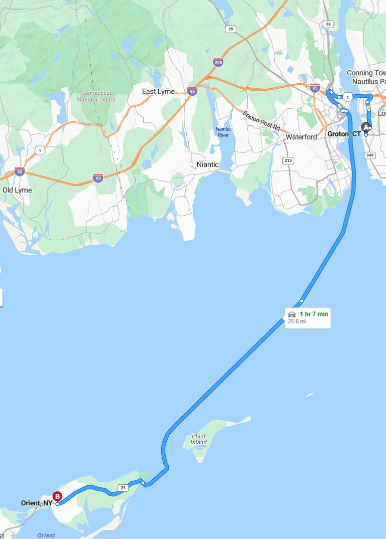 driving from Groton, Connecticut to Orient PointNew York - map and route