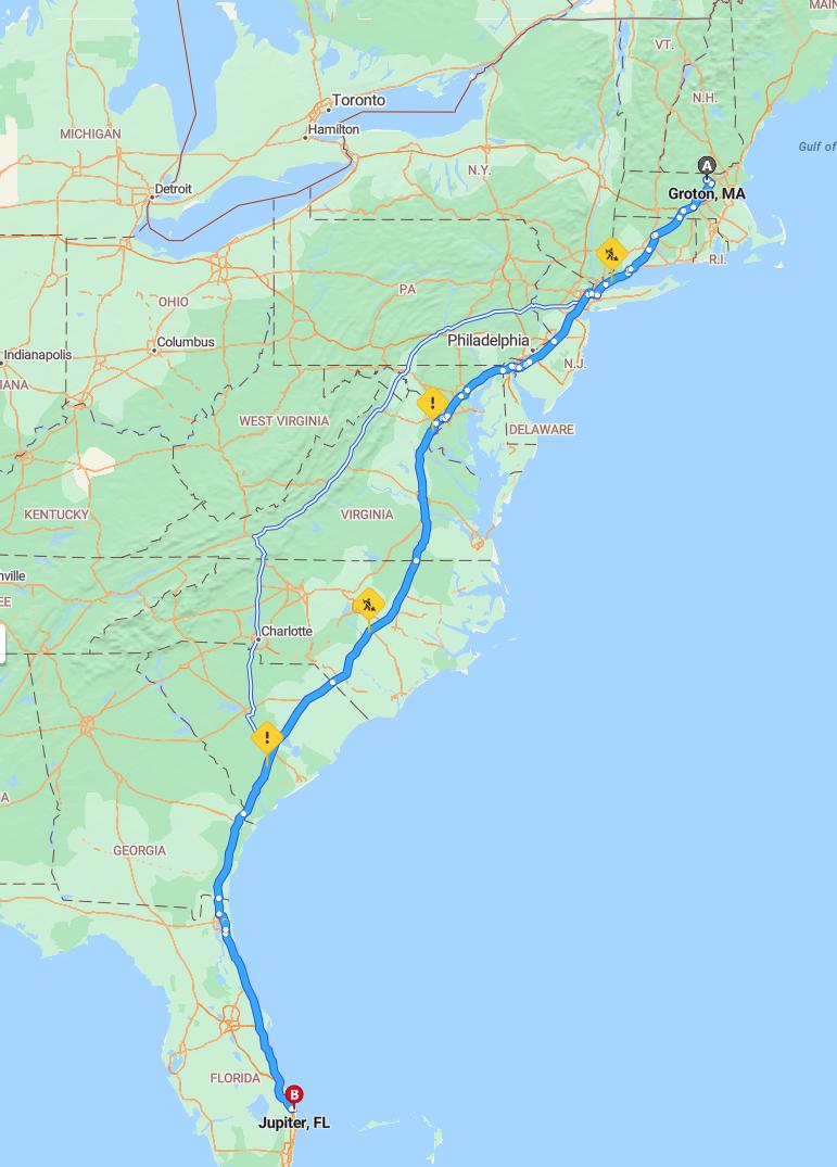 driving from Groton, Massachusetts to JupiterFlorida - map and route