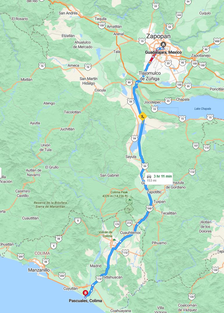 driving from Guadalajara, Jalisco to PascualesColima - map and route