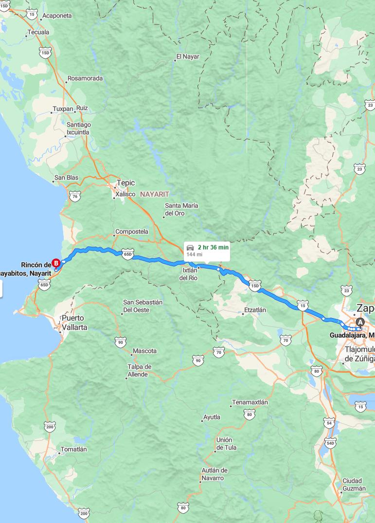 driving from Guadalajara, Jalisco to Rincon de GuayabitosNayarit - map and route