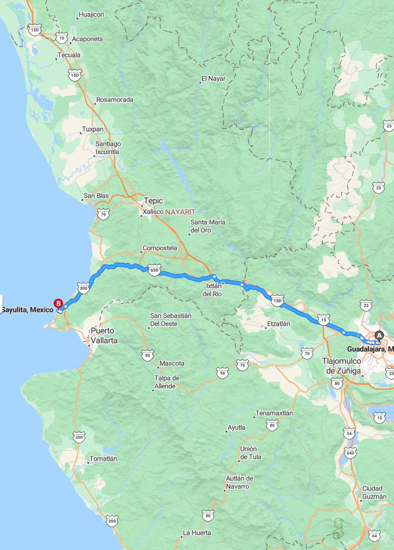 driving from Guadalajara, Jalisco to SayulitaNayarit - map and route