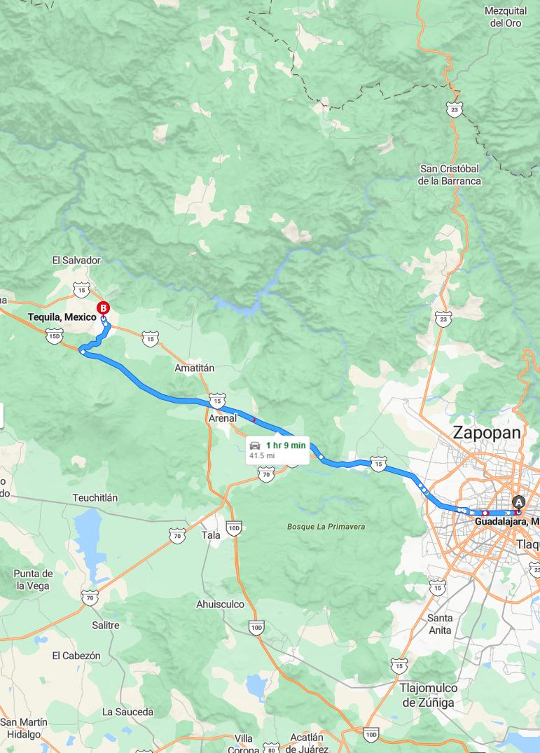 driving from Guadalajara, Jalisco to TequilaJalisco - map and route