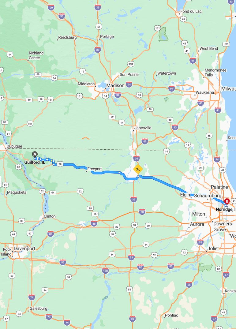 driving from Guilford, Illinois to NorridgeIllinois - map and route