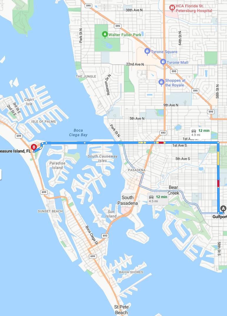 driving from Gulfport, Florida to Treasure IslandFlorida - map and route