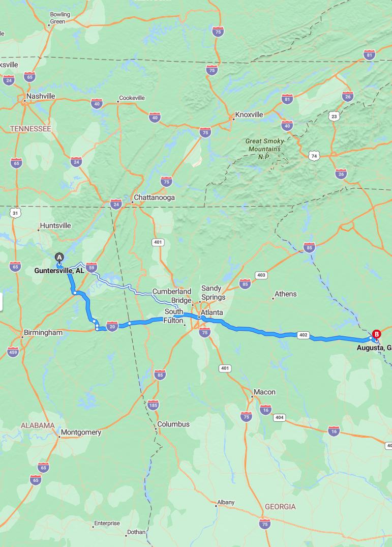 driving from Guntersville, Alabama to AugustaGeorgia - map and route
