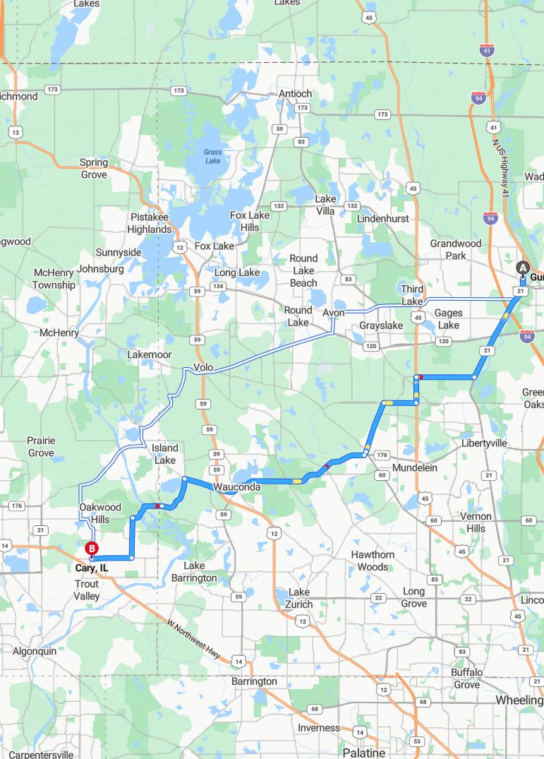 driving from Gurnee, Illinois to CaryIllinois - map and route