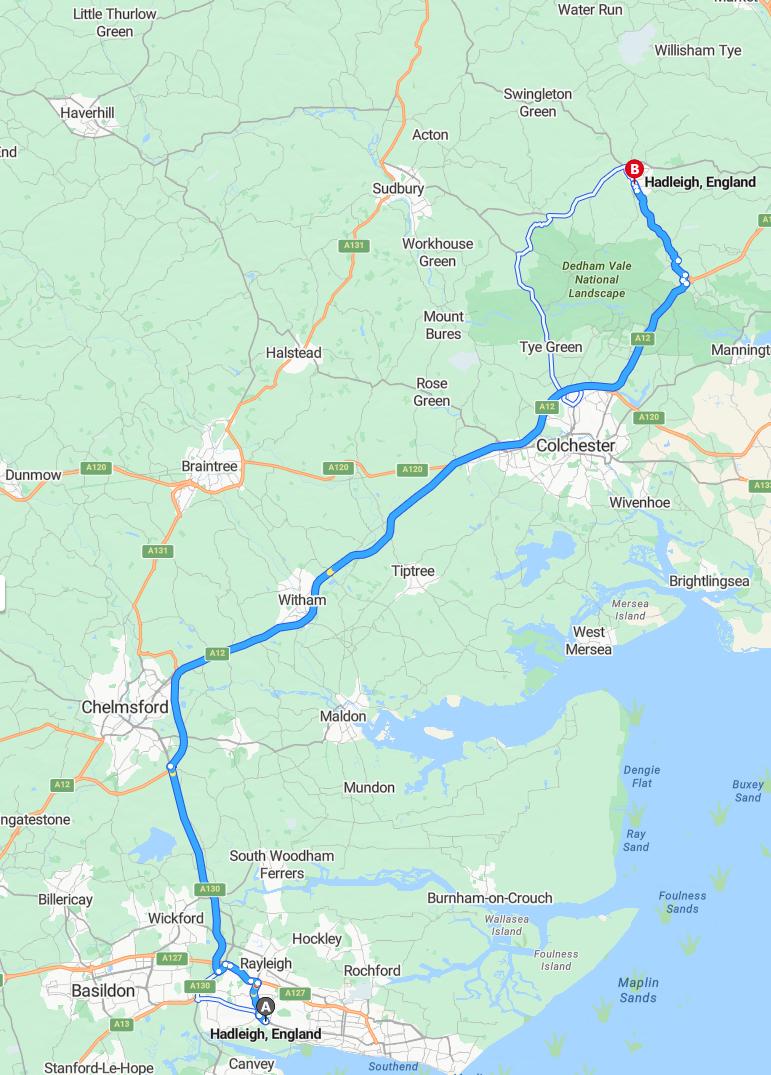 driving from Hadleigh, Essex to HadleighSuffolk - map and route