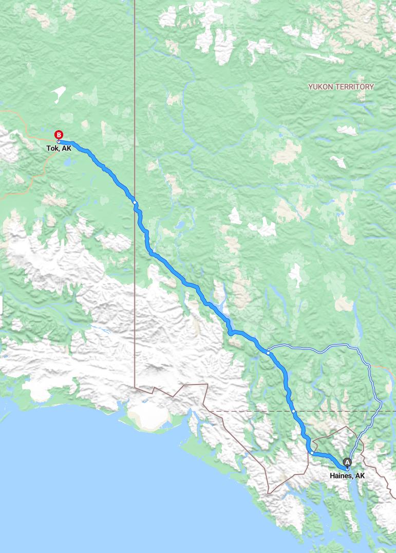 driving from Haines, Alaska to TokAlaska - map and route