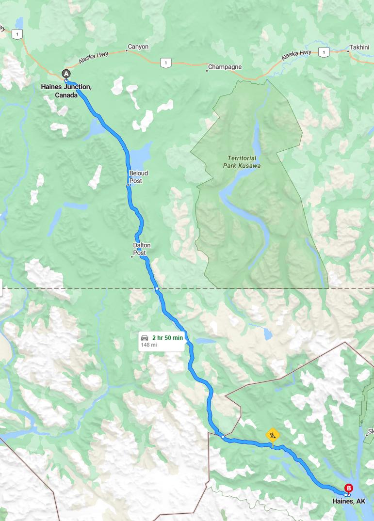 driving from Haines Junction, Yukon to HainesAlaska - map and route