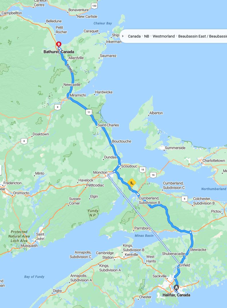 driving from Halifax, Nova Scotia to BathurstNew Brunswick - map and route
