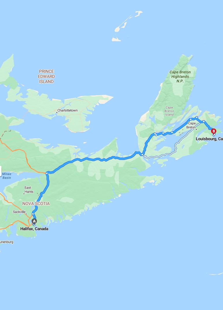 driving from Halifax, Nova Scotia to LouisbourgNova Scotia - map and route