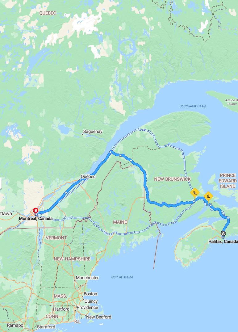 driving from Halifax, Nova Scotia to MontrealQuebec - map and route