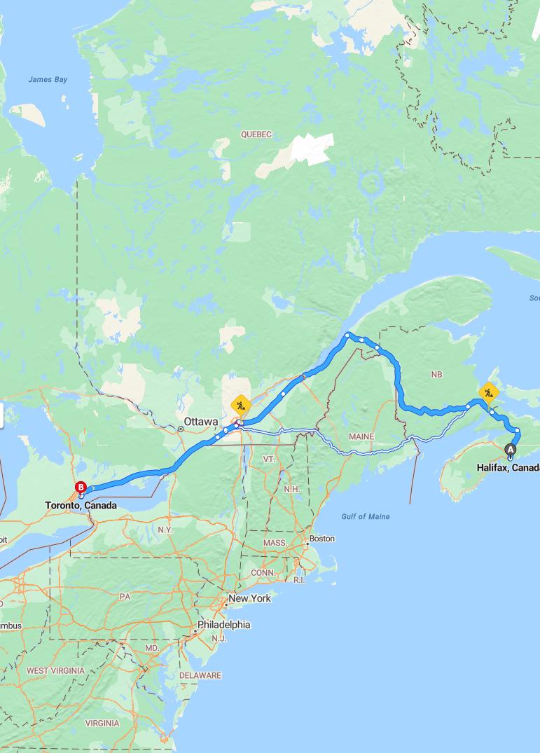 driving from Halifax, Nova Scotia to TorontoOntario - map and route