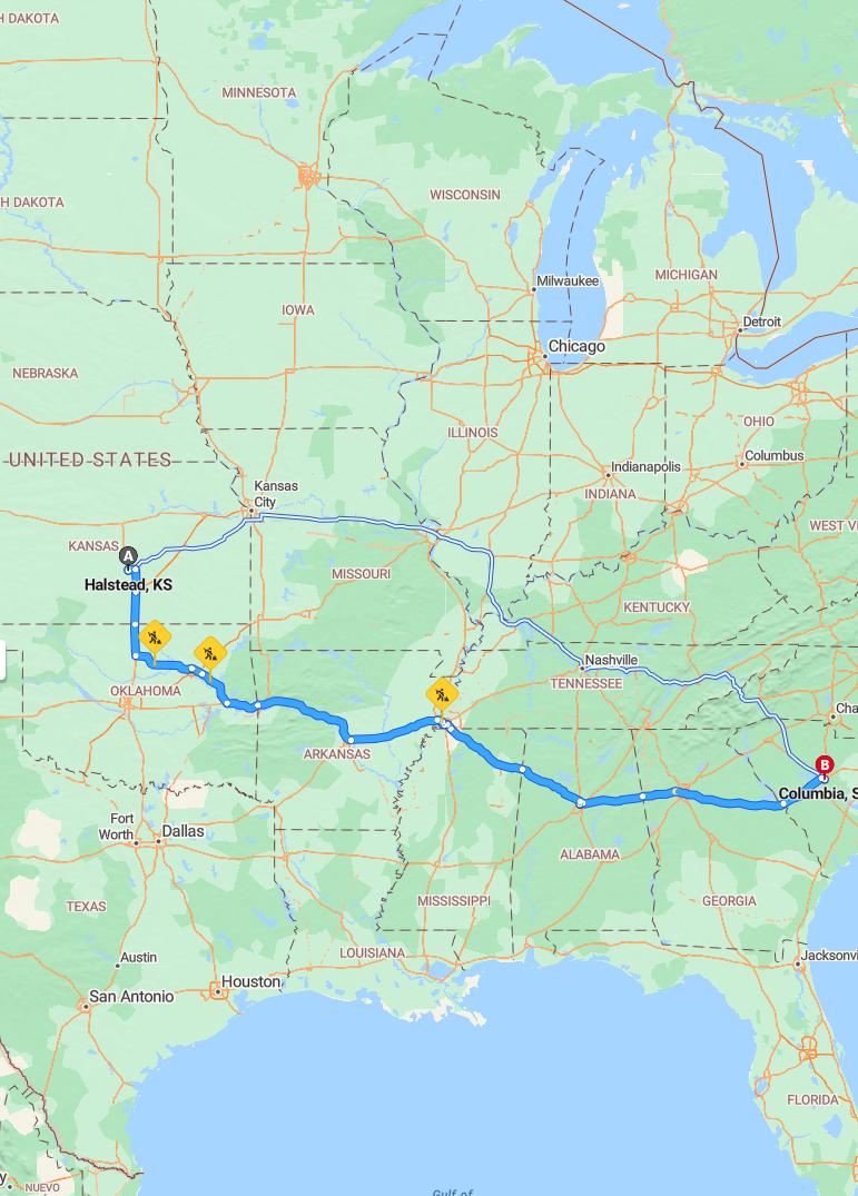 driving from Halstead, Kansas to ColumbiaSouth Carolina - map and route