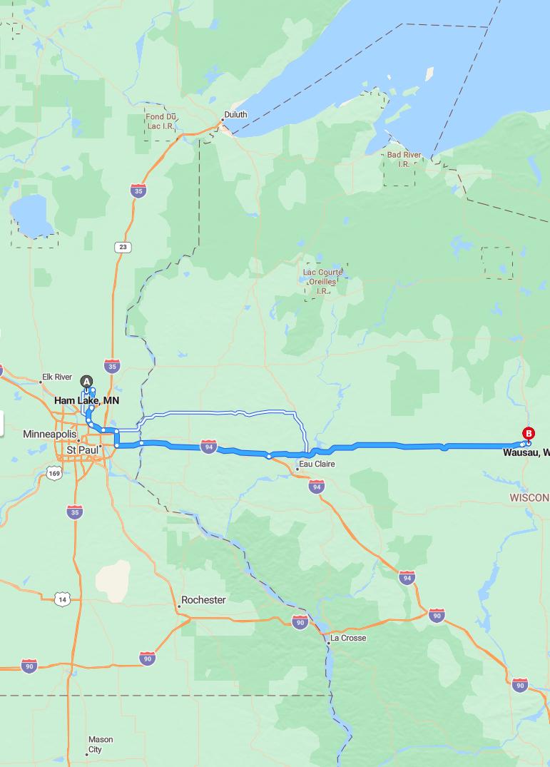 driving from Ham Lake, Minnesota to WausauWisconsin - map and route