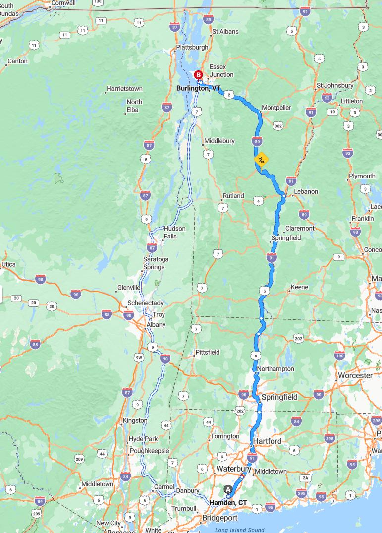 driving from Hamden, Connecticut to BurlingtonVermont - map and route