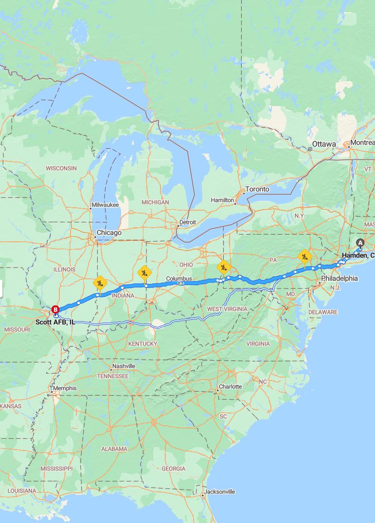 driving from Hamden, Connecticut to Scott Air Force BaseIllinois - map and route
