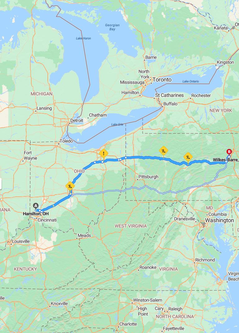 driving from Hamilton, Ohio to Wilkes-BarrePennsylvania - map and route