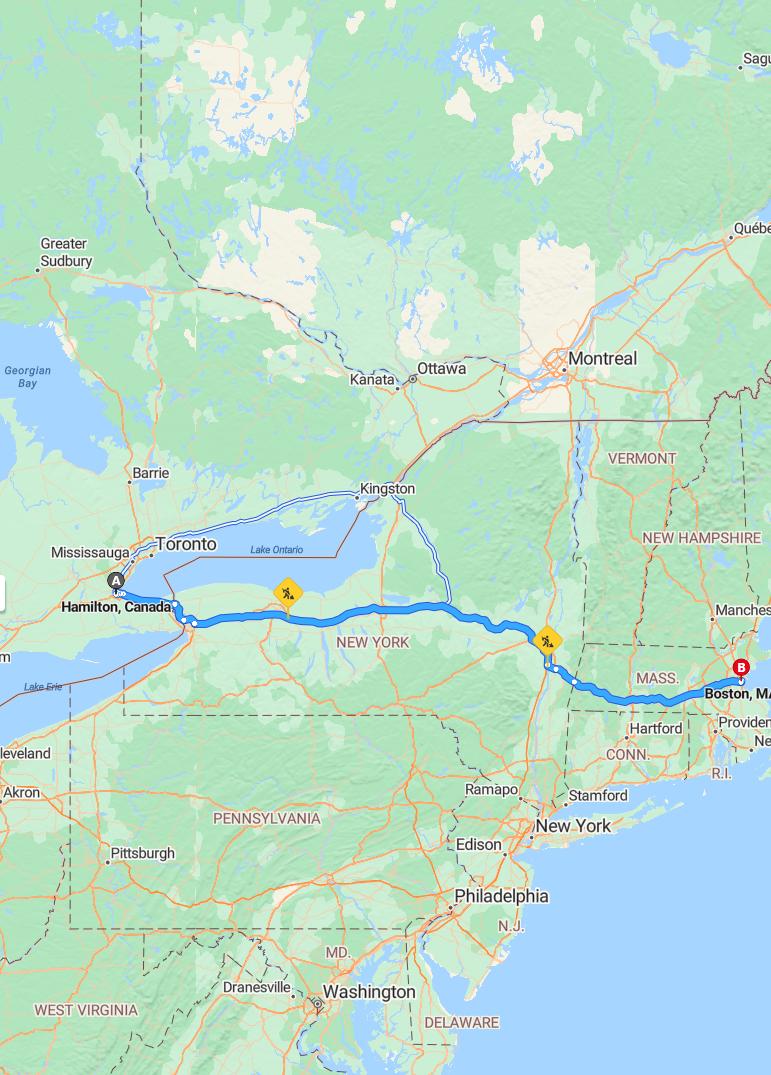 driving from Hamilton, Ontario to BostonMassachusetts - map and route