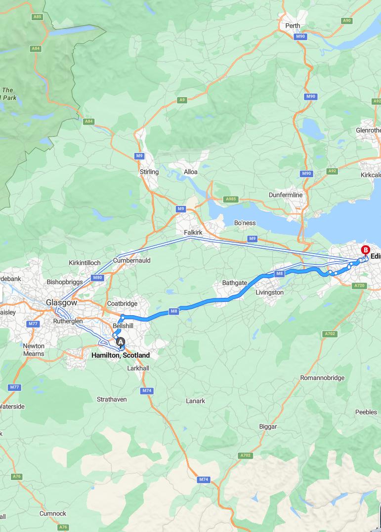 driving from Hamilton, Scotland to EdinburghScotland - map and route